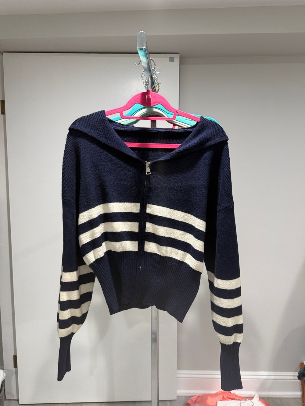 Commense Navy and Cream Striped Zip-Up Sweater